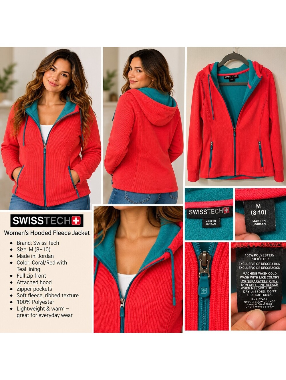 Swiss Tech women's hooded fleece jacket coral pink and teal size 8 10